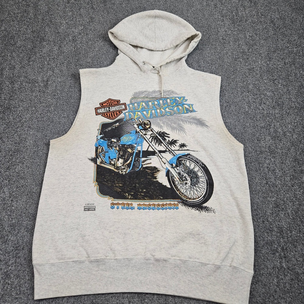 Harley Davidson Sleeveless Hoodie Mens L Gray‎ Steel Obsession Biker Vintage USA